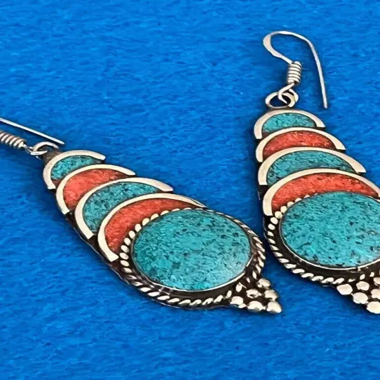 E17 Silver Turquoise and Carnelian Pierced Dangle Fishhook Earrings