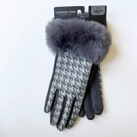 NWT London Fog Gloves Gray Houndstooth Faux Fur One Size Touch Screen Compatible