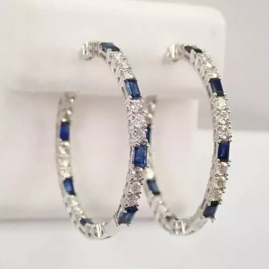 2 Ct Round Cut Lab Created Blue Sapphire Hoop Earrings In 14k White Gold Plated