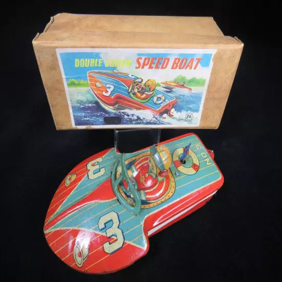 RARE VINTAGE 1950's TIN LITHO JAPAN DOUBLE SCREW WIND UP SPEED BOAT BOXED