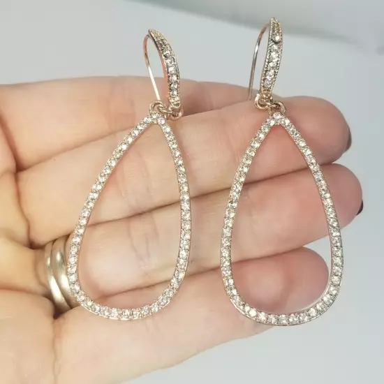 Large Rose Gold Tone Rhinestone Drop Dangle Hoop Fashion Earrings