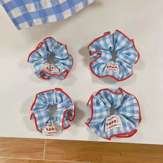 White and Blue Plaid Scrunchies -Elastic Hair Tie and Ponytail Holder for Women~