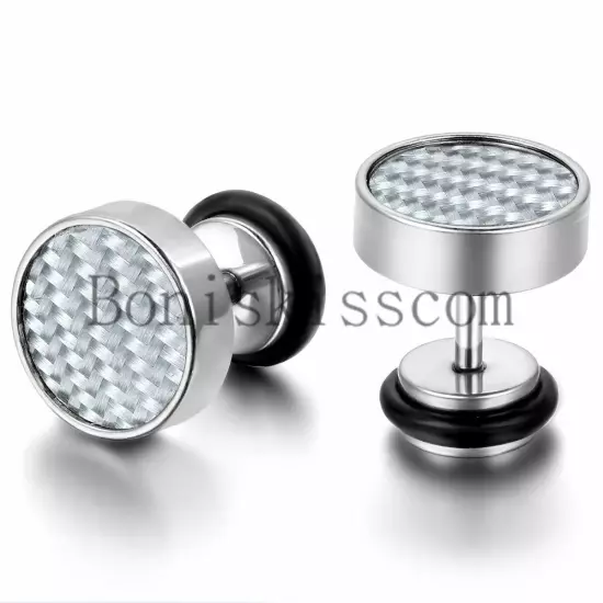 Mens Stud Earrings Stainless Steel Illusion Tunnel Plug Screw Back Carbon Fiber