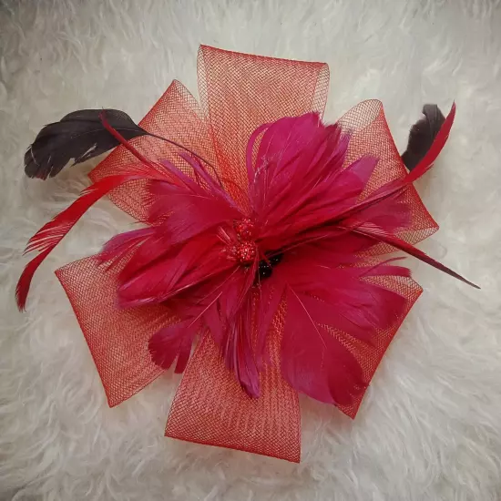 Red Fascinator Headpiece Mesh & Feathers Melbourne Cup / Red Hat Society 20x20cm