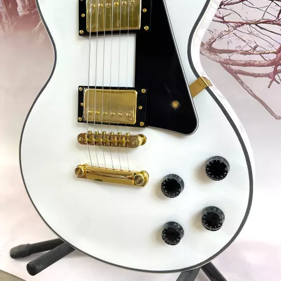 Custom Electric Guitar LP alpine white Gold hardware Black binding shell inlay