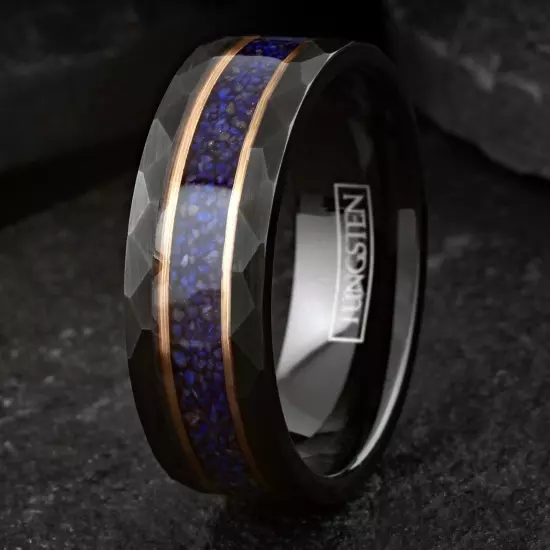 Tungsten Carbide Blue Lapis Lazuli Rose Gold Stripe Plated Wedding Band Ring