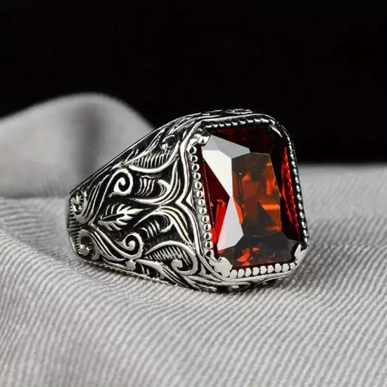 Red Zircon Men's Ring Retro Style Silver Color Pattern Wedding Band Jewelry Gift