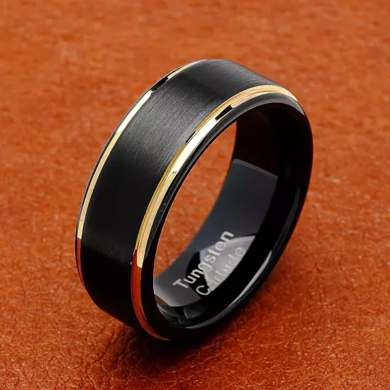 Engraved Personalized Black Tungsten Rings for Men Wedding Band Gold Step Edge S