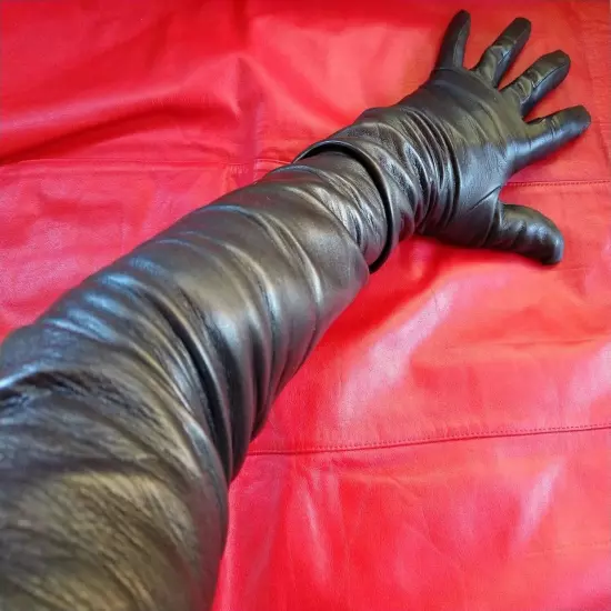 ULTRA LONG Size 8 BLACK UNLINED KID LEATHER GLOVES FORMAL EVENING BOUDOIR