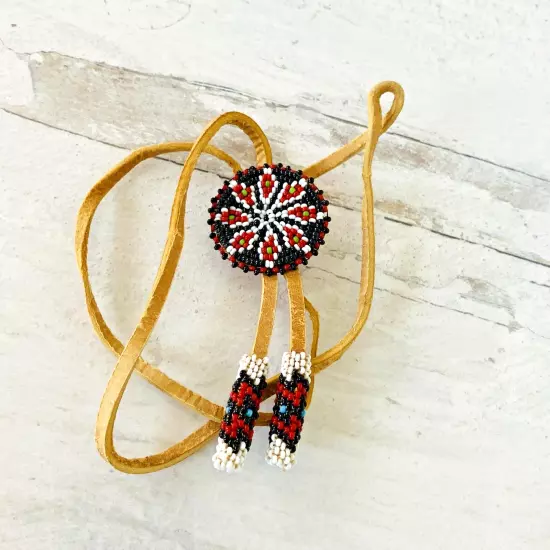 Vintage Deerskin Bolo Tie Southwestern Necklace Black Red White Peyote Stitch