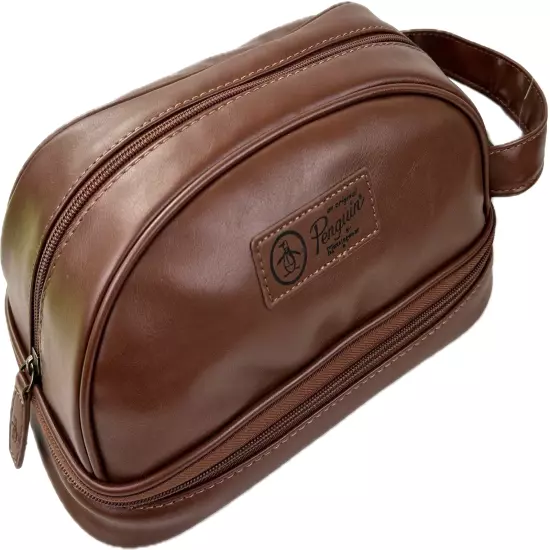 Original Penguin Men Brown Faux Leather Zip Travel Luggage Shave Kit Bag Pouch