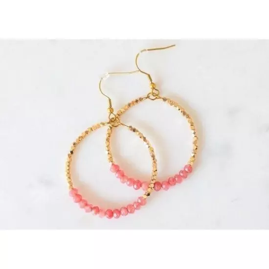 Red Jade Pink Sparkly Gold Beaded Earring Gemstone dangle hoops vacation jewelry