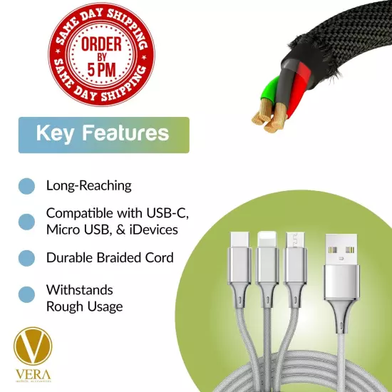 3 in 1 Fast USB Charging Cable Universal Multi Function Cell Phone Charger Cord