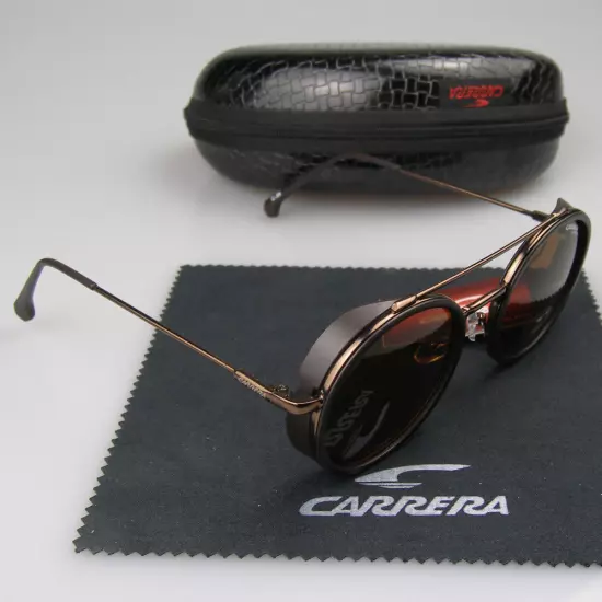 Men Women Retro Sunglasses Matte Black Metal Round Frame Carrera Glasses+Box C39