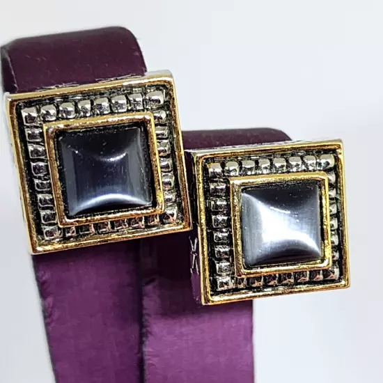 Quality Square Gray Cat Eye Center Gold Silver Metal Pierced Stud Earrings