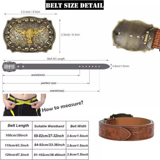 Western-PU-Leather-Belts for Men and Women Cowboy-Cowgirl Longhorn-Bull-Pattern-