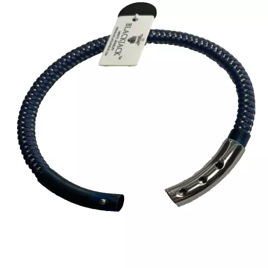 Blackjack Blue Metallic Woven Leather Silver Accent Stainless Steel Men Bracelet