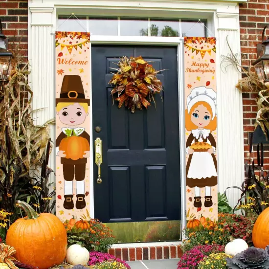 Fall Decorations Porch Banner Thanksgiving Decorations Pilgrim Boy and Girl P...