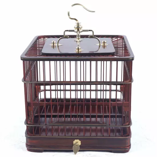 Asian Bird Cage Square Solid Wood Carved Chinese Bamboo Pet Nest Home W/ Drawer