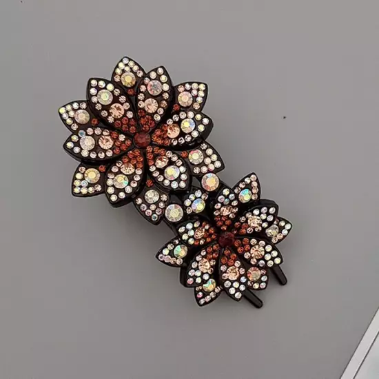 Ladies Rhinestone Double Flower Hair Clip Barrettes Crystal Comb Large Catch 1x-