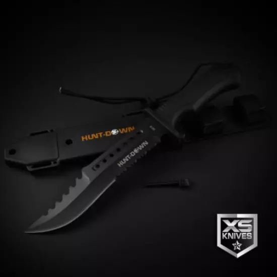 Tactical BLACK Combat BOWIE Survival FIRE STARTER Hunting Fixed Blade Knife 12"