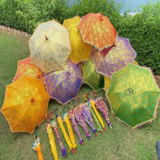 Indian 5pc Lot Decorative Hand Gold Printed Parasol Vintage Sun Shade Umbrella