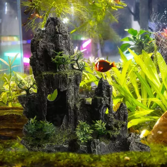 Large Fish Tank Decorations Mountain View Aquarium Ornament with Tree House Cave