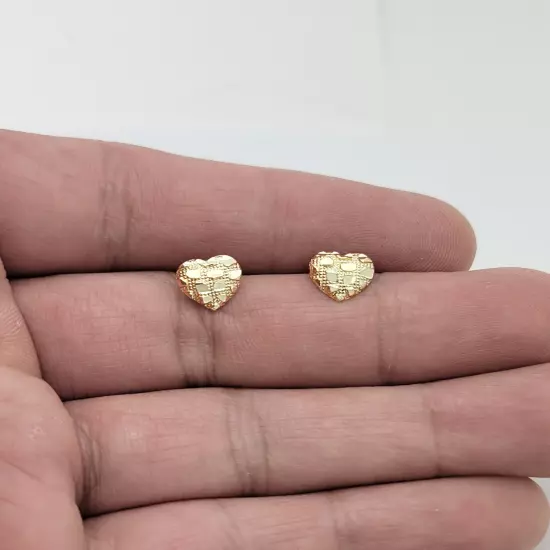 10K Yellow Gold Diamond Cut Nugget Heart Earrings 8 mm