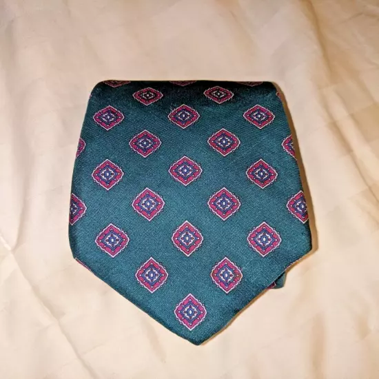 Mario Valentino silk necktie, 100% silk, Made in USA, dark teal diamond pattern 