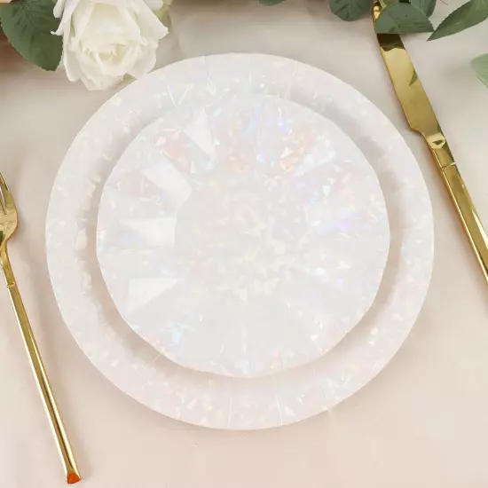 25 Pack | 7" Geometric Iridescent Dessert Appetizer Paper Plates, Disposable Sal