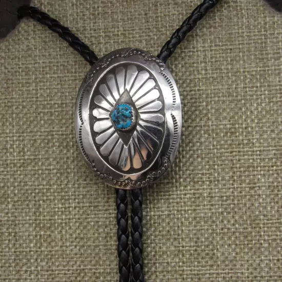 Southwestern Sterling Silver Oxidized And Stamped Turquoise Bolo Tie