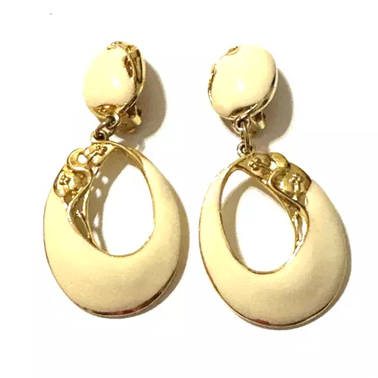 Vintage EDGAR BEREBI Cream Enamel & Gold Tone Earrings Clip On 1980s 2 1/8"