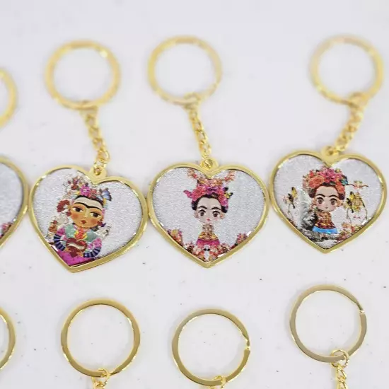 Lot 12 Frida Kahlo Gold Tone Keychain Heart Shape Drawing Mexico Souvenir 4" New