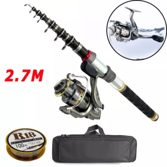 Telescopic Fishing Rod Spinning Reel Set Combo Full Kit Carbon Fiber Rod Pole