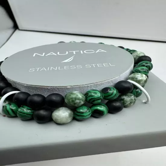 740-PATT Nautica NEW Men’s Black, Silver ,Green, White Beaded Stretch Bracelets