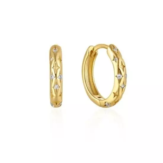 Adorable Gold Tiny Huggie Hoop Earrings Star Engraved Cubic Zirconia Dainty