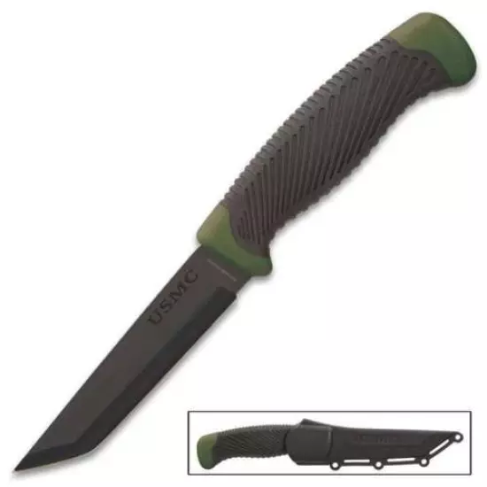 9" USMC 1065 Carbon Steel Fixed Blade Knife Army Tanto Miltary Bowie w/ Sheath