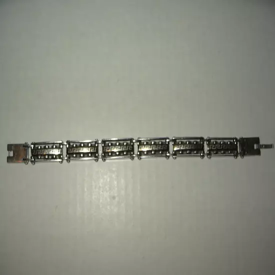 Vintage Mens Unisex Heavy Stainless Steel & Goldtone Greek Key Symbol Bracelet 