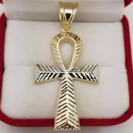 Mens Ankh Cross Pendant 10k Yellow Gold Diamond Cut Egyptian Ankh Cross 2.25 in