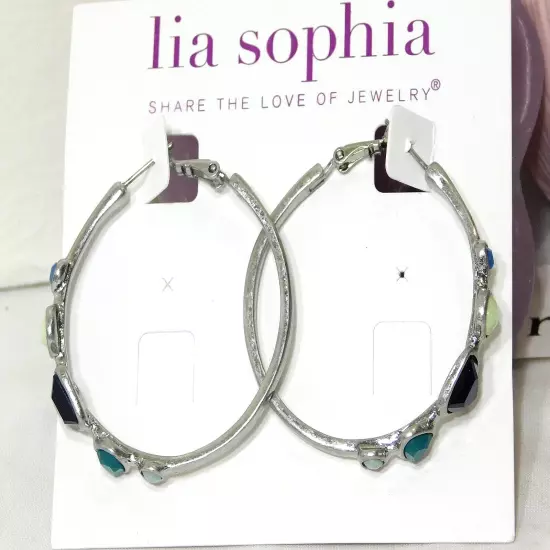 Beautiful Lia Sophia "RIVERWALK" Hoop Earrings, Silver, aqua, teal, navy , NWT