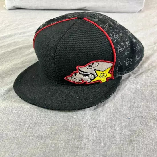 Rockstar Energy Drink Hat Men 7 5/8 Fitted FlatFiffty Logo Skull Print Emblem