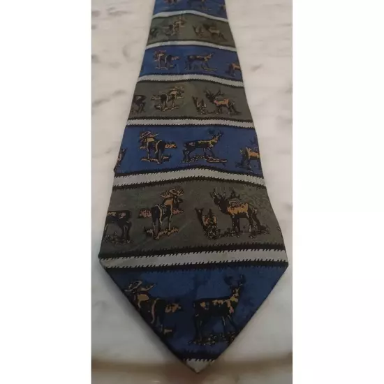 Roper Mens Tie Elk/Deer Theme Green Brown Blue 100% Silk