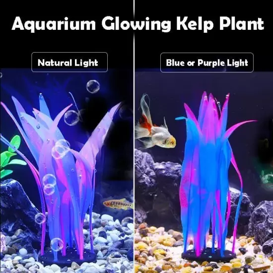 3Pcs Soft Silicone Aquarium Plants Set Glowing Kelp 7.08in/9.84in/16.9in Blue