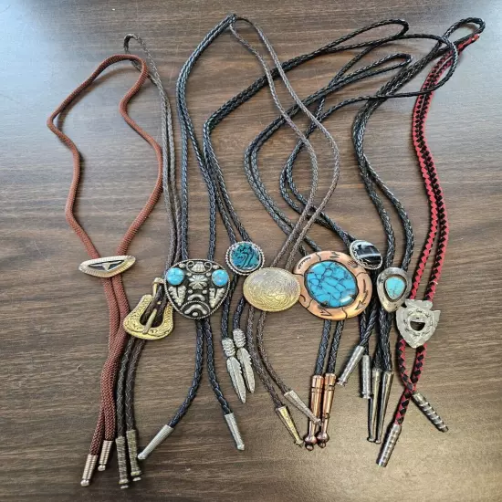 9 Piece Lot of Mixed Bolo Ties Braided Leather Rope Turqoiuse And Inlay!