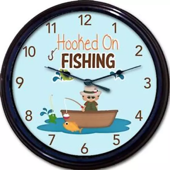 Hooked on Fishing Wall Clock Fathers Day Fish Trout Fisherman New 10"