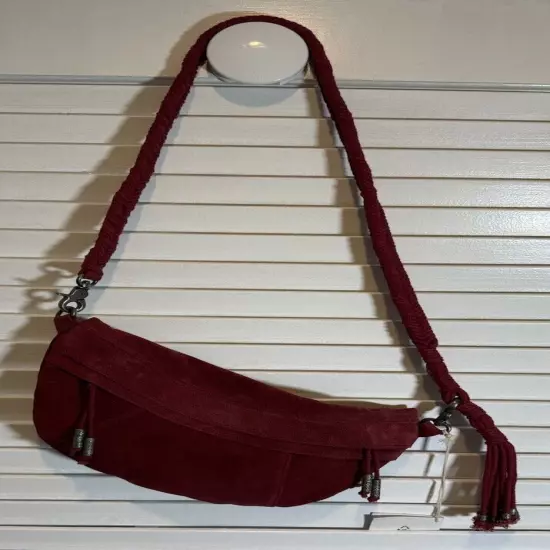 Free People Sweet Talker Red Suede Sling Bag Braided Strap Beaded Tassel NWT $88