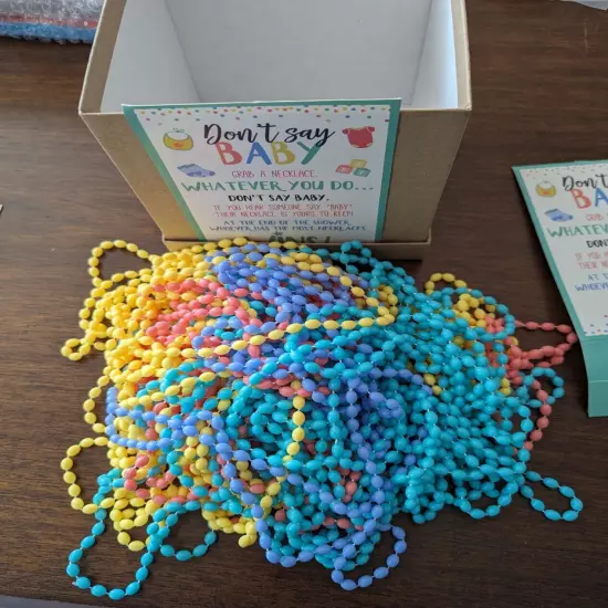 LOT OF 45 "DON'T SAY BABY" BABY SHOWER GAME NECKLACES w/ BOX & INSTRUCTION CARDS