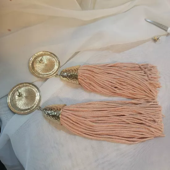 Champagne Pink- TASSLE Gold Tone Beaded Fringe Dangle Earrings 6 INCHES Pierced