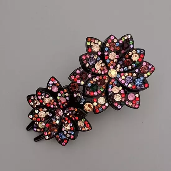 Ladies Rhinestone Double Flower Hair Clip Barrettes Crystal Comb Large Catch 1x-