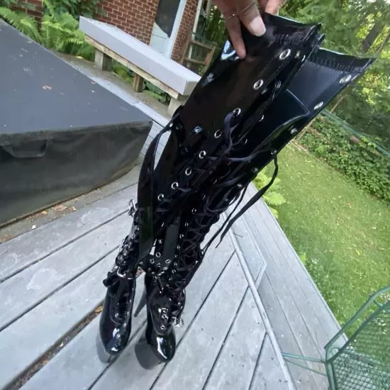 Pleaser Size 9 Beyond - 3028 Black Patent Leather 10” Thigh High Platform Heels